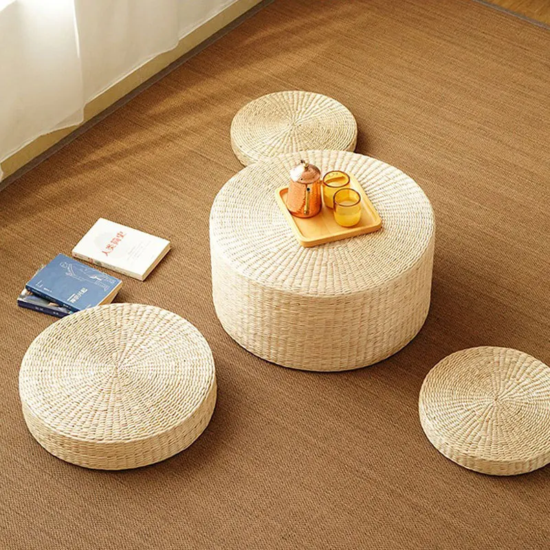 Rodada Tecido Rush Straw Almofada, Futon japonês, Decorativa Bay Window Varanda Meditação Tatami Mat