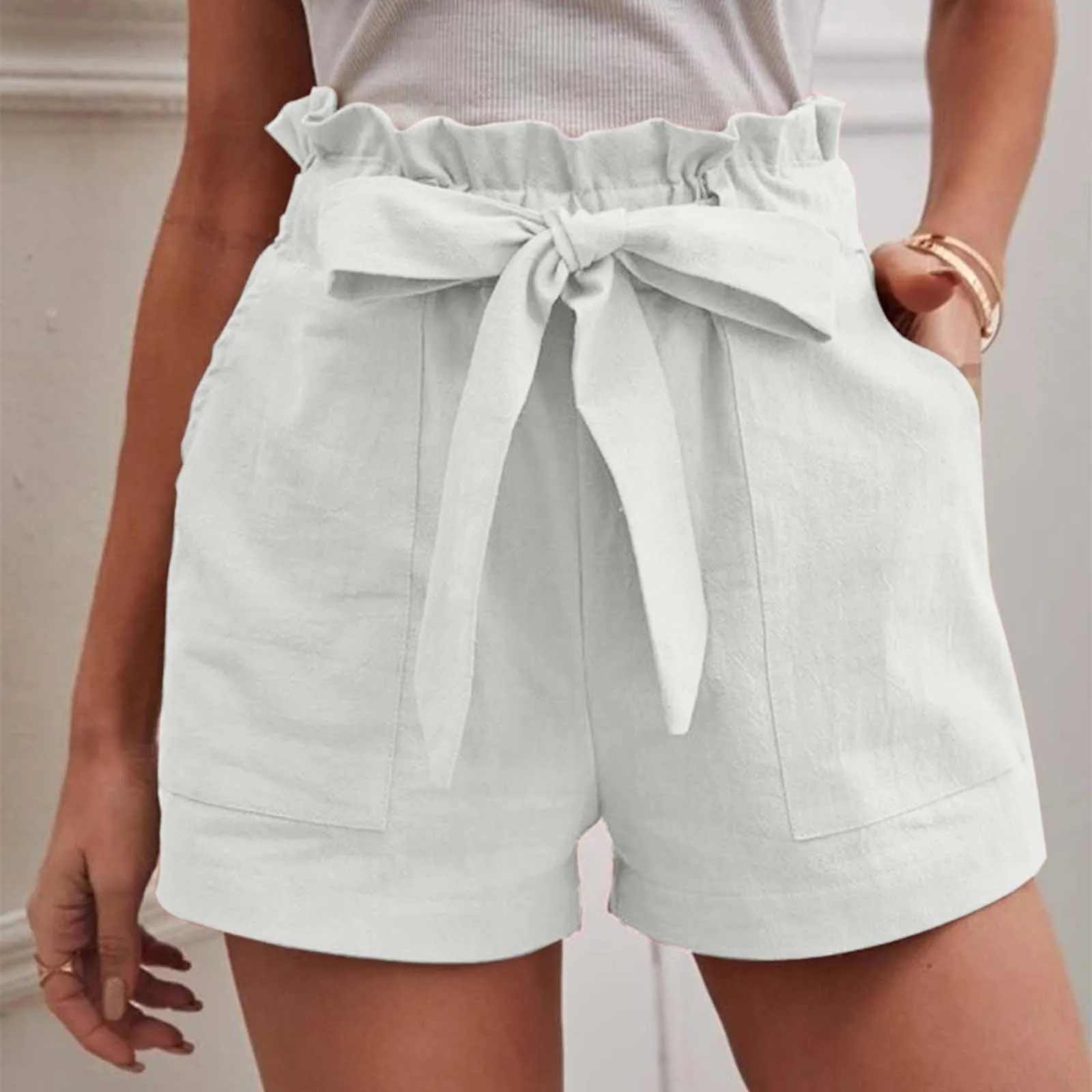 Stylish Solid Color Shorts For Women Summer Pocket Drawstring Casual Short Pants Female High Waist Lace Up Daily Short Pants