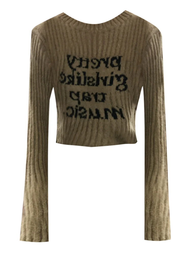 Autumn Winter Woman Embroidery Dark Academia Jumper O-Neck Cropped Sweater 2000s Aesthetic Knitwears Y2k Gyaru Jerseys Pullovers