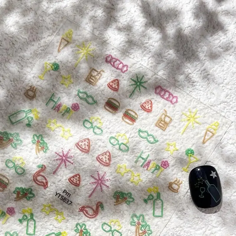 휴가 스타일 네일 스티커 릴리프 3D 네일 아플리케 접착 슬라이더 여름 네일 아트 액세서리 스티커 네일 장식