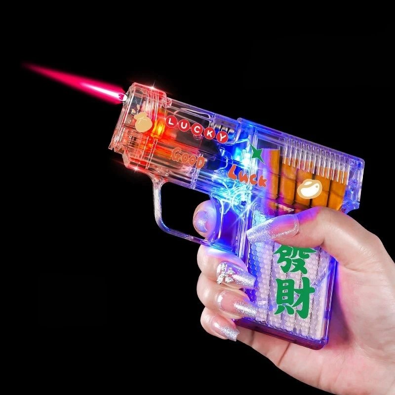 Transparent luminous toy gun cigarette box integrated lighter, windproof and cool colorful lights, jet flame outdoor lighter
