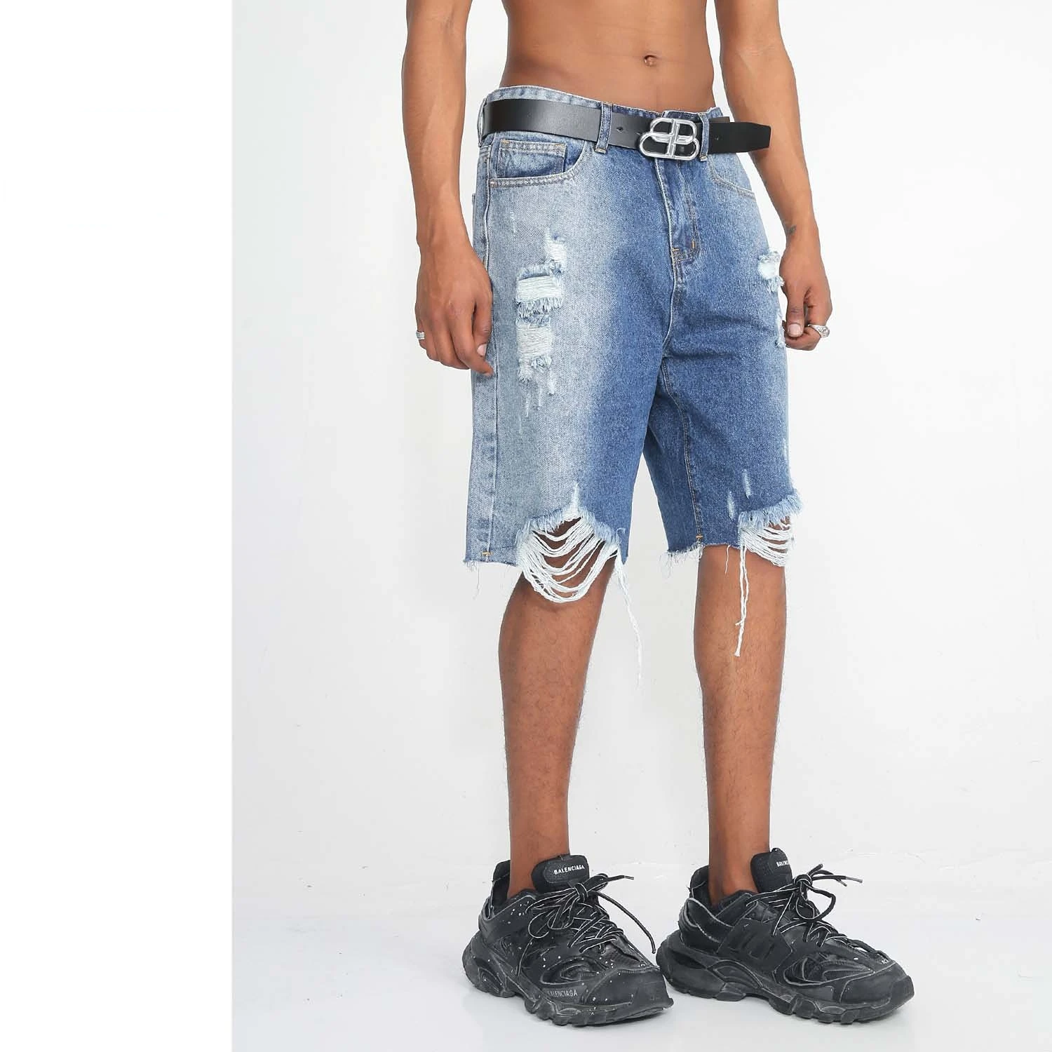 

Men's High Street Destroyed Short Jeans Washed Blue Ripped Denim Shorts With Big Holes Summer Streetwear Bottoms