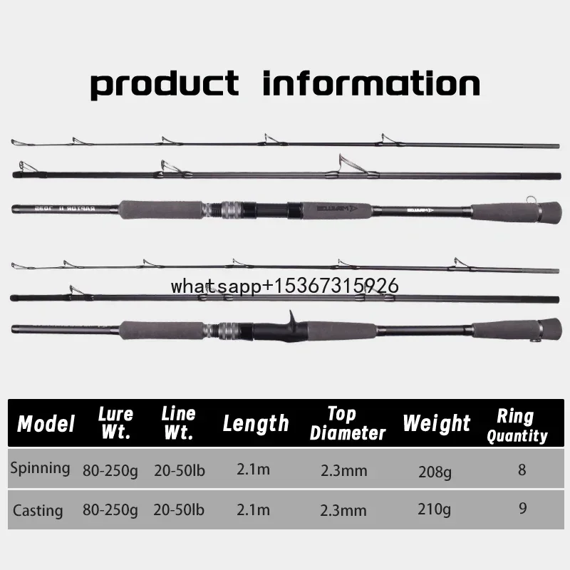 3 Sections 2.1M Spinning Fishing Rod Lure 80-250g 20-50LB  Light Carbon Tuna Fishing Casting Jigging Rod