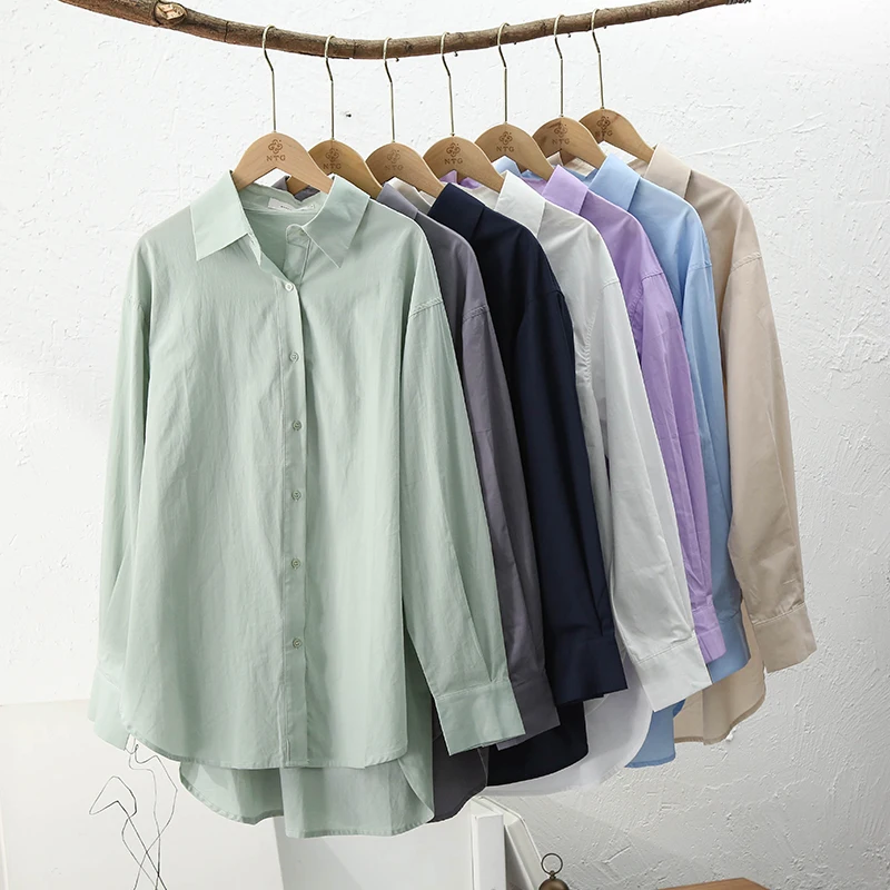 Elegant 100% Cotton Oversized Women\'S Shirt Vintage Turn Down Collar Sleeve Button Up Office Lady Shirts Korean Fashion Blouses