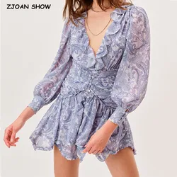 2022 Blue Floral Print Chiffon Mini Dress Women Wood ears Ruffles V neck Open Buttons Slim Ruched Waist Long Sleeve Holiday Robe