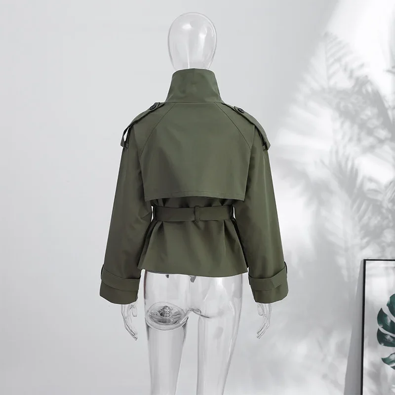 Frühlings-Damen-Trenchcoat mit Schnürung, Stehkragen, Doppelreihiger Knopfverschluss, Stilvolle Neue Damen-Jacke mit Langen Ärmeln, Streetwear-Oberbekleidung – Detail 2