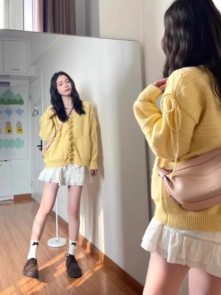 Autumn New Yellow Sweater Lovely Bow V-neck Cardigan Jacket Cute Fungus Edge Single Breasted Coats Korean Sweet Women Loose Tops