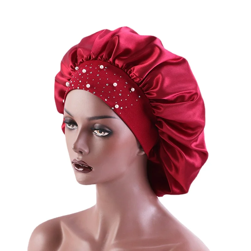 High-quality Silky Bonnet Elastic Wide Band Women Satin Bonnet Beaded Sleeping Cap Adult Night Protection Hair Hat Head Wra