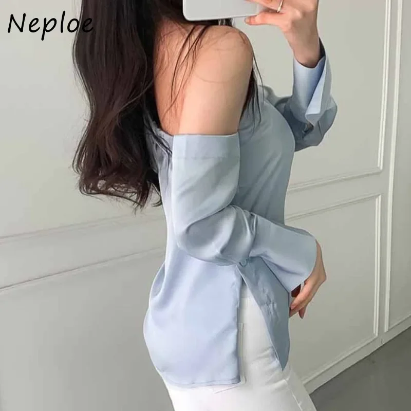 Neploe Irregular One-shoulder Design Sexy Blouses Shirts Women Slim Waist Solid Color Camisas Mujer Temperament Blusas Tops