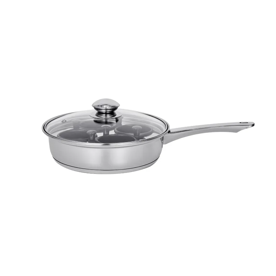 4-Cup Egg Poaching Pan Stainless Steel Poacher and Frying Pan with Nonstick Removable Cups Glass Lid and Silicone Spatula Suita