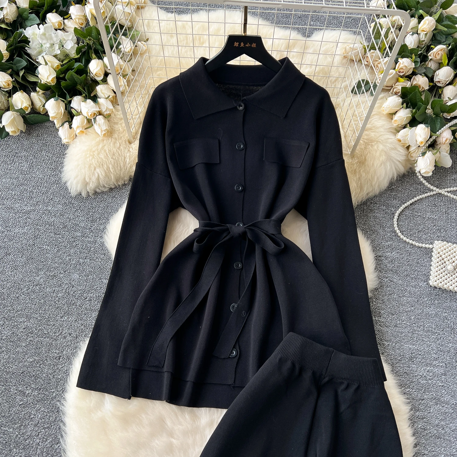 Women Knit Matching Two Pieces Set Single Breasted Long Sleeve Knitted Cardigan + High Waist Long Pants Clothing Suits