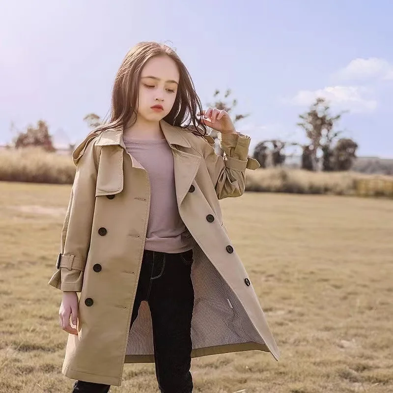 Gabardina larga de estilo inglés para niñas, chaqueta cortavientos para niñas de 4 a 12 años, ropa de primavera y otoño, nueva moda