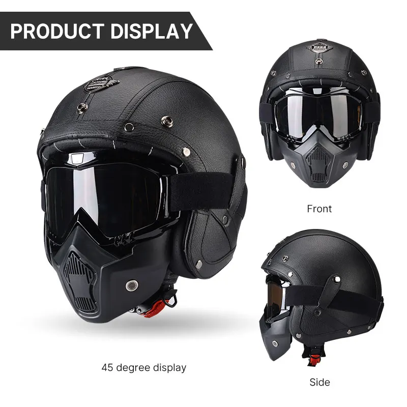 Unisex Classic DOT Approved Helmet Motorcycle Helmet Black PU Leather Retro Motorbike Motocross Open Face Helmets Breathable