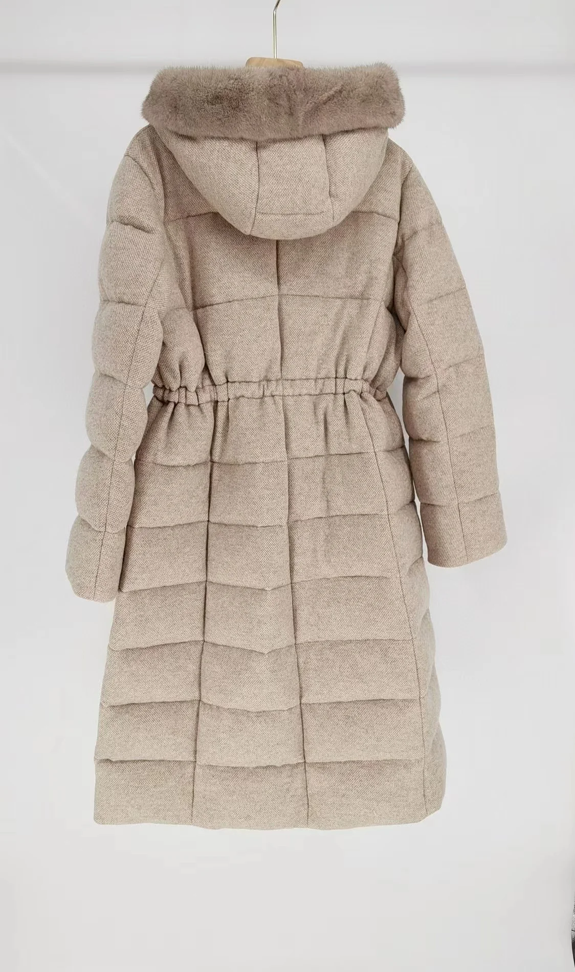 Luxurious long cashmere puffer exquisitely genuine mink fur trimmed