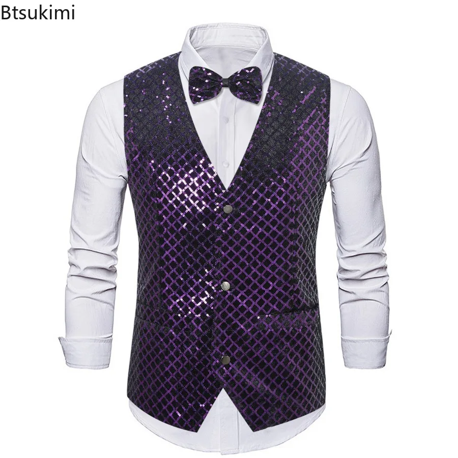 2026 New Mens Trendy Shiny Sequin Suit Vest Four Seasons Butterfly Knot Casual Loose Sleeveless Vest Jacket Fashion Men Clothing
