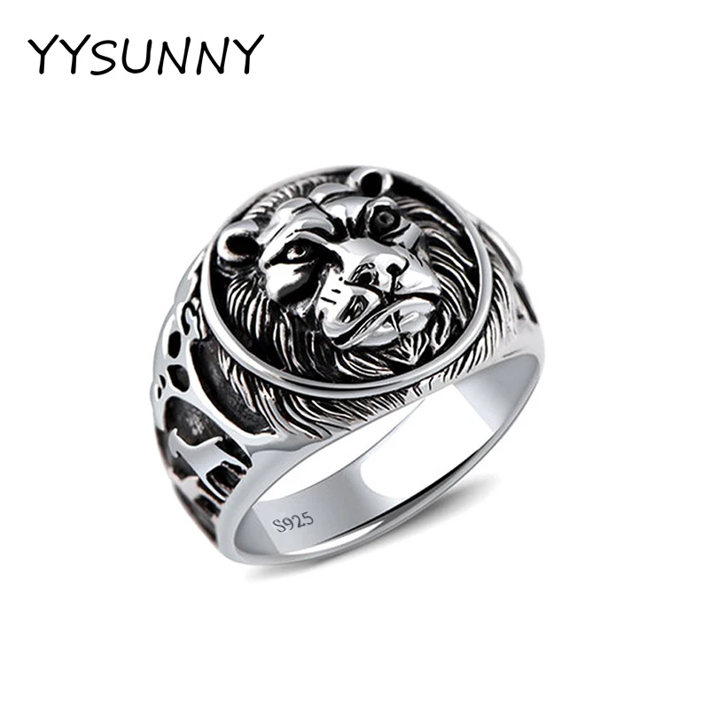 

YYSUNNY Punk Boy Popular Lion King Head Ring Men's 925 Sterling Silver Round Domineering Animal Party Hand Jewelry