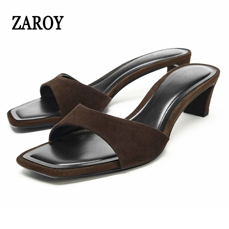 

Brown Suede Slides Summer Open Square Toe Square High Heels Outdoor Slippers Mules Band Designer Brand Banquet Wedding Shoes