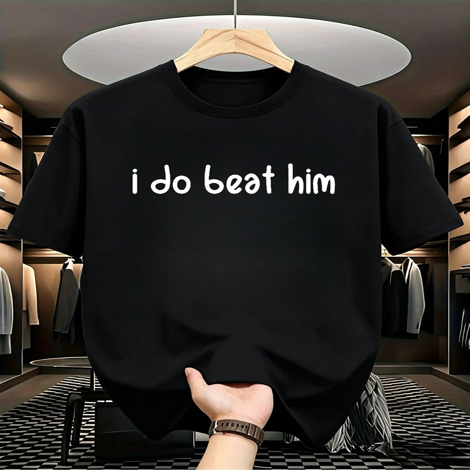 I Do Beat Him Casual Black Crew Neck TShirt Simple Short Sleeve Tee with White Text Printing Perfect for Casual Attire Great Gift Idea for Friends and Family Vintage Style Slight Stretch F01 100% cotton t shirt, Gift tshirt