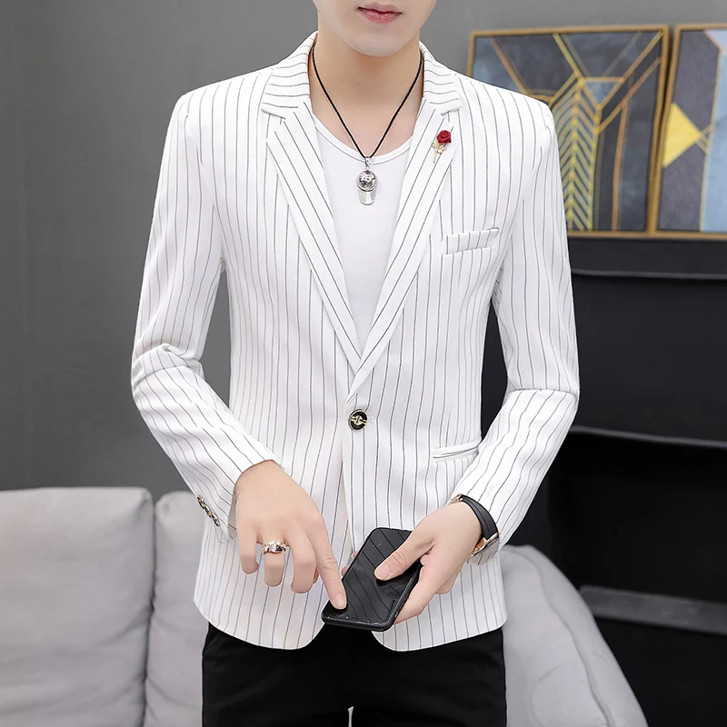 

Slim Fit Stripe Men's Casual Suit Korean Sle Spring Autumn Jaet for Students Faion Urban Faion Single Button Coat