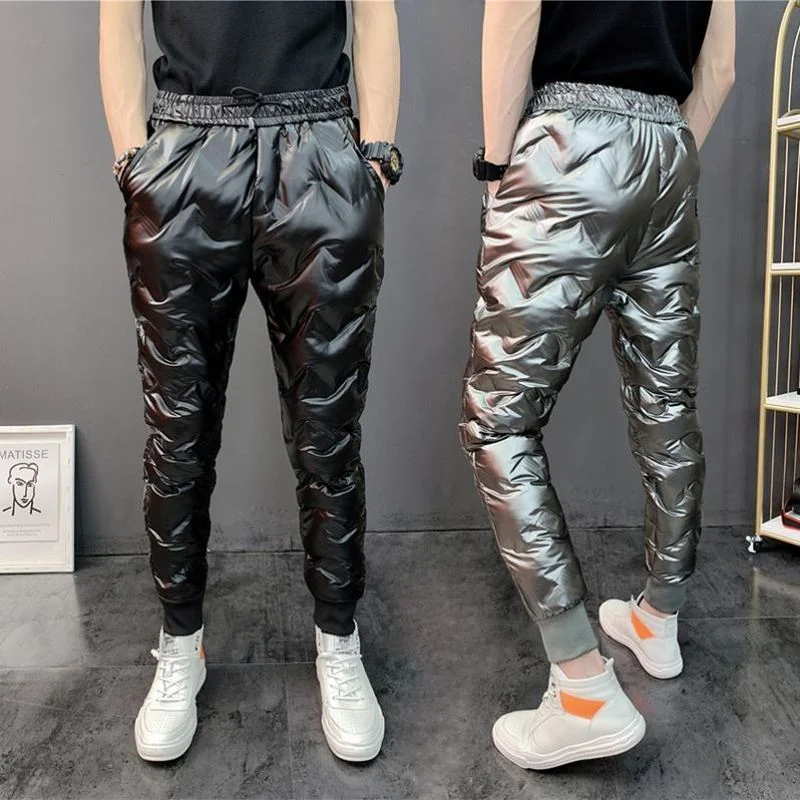Pantalones ajustados de cuero brillante para hombre, calzas informales a prueba de viento, impermeables, gruesas y cálidas de algodón, invierno,