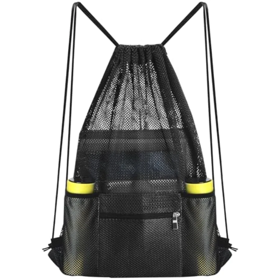 NATURAL STYLE Mesh Drawstring Backpack Bag Gym Sports Bag with Zipper Pocket Bottle Holder String Beach Bag for Swiming Travel
