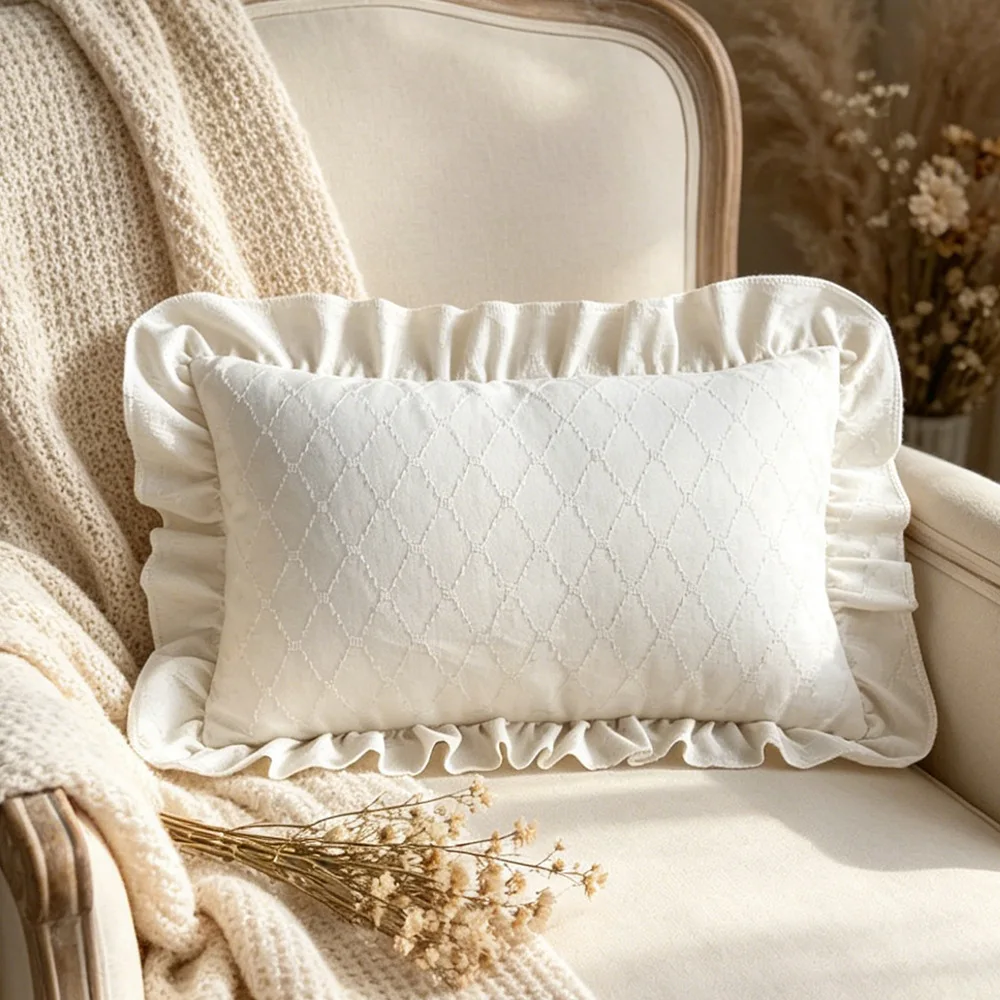 Ruffle Pillow Cover Vintage Cushion Case Solid Color Quilted Flange Edge Linen Blend Decorative Throw Pillow Case for Home Decor