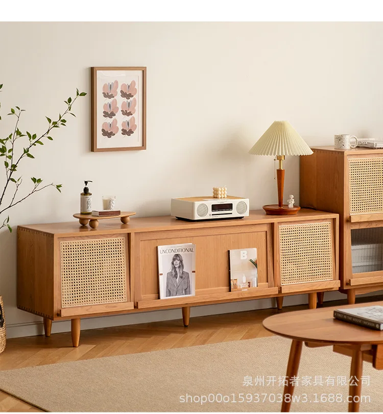 Solid wood TV cabinet, sideboard, small apartment, home bedroom, rattan woven audio-visual cabinet, wall-mounted integrated floo
