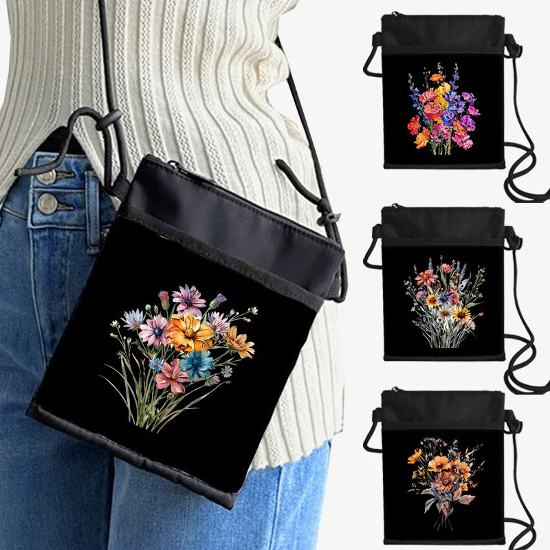 Bohemia Flower Print Polyester Crossbody Bag Fashion Vintage Gardening Shoulder Bag with Adjustable Strap Women Mobile Phone Bag