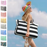 Bolsa exterior con cremallera a rayas para viajes y vacaciones al aire libre, lona impermeable y resistente a la arena, práctica bolsa de playa plegable-zmt