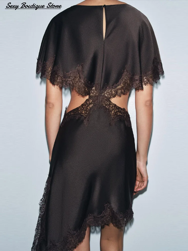 فستان مثير عتيق من الدانتيل البني الساتان بفتحات واسعة ورقبة دائرية شال نصف كم رداء للحفلات أنيق للإجازات فيستدو 2025 فساتين نسائية جديدة