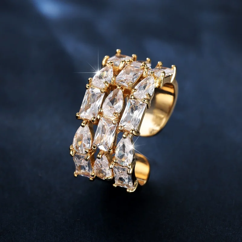 Light Luxury Full Diamond Ladder Cubic Zirconia Open Ring Wide Face European and American High-end Exaggerated Jewelry