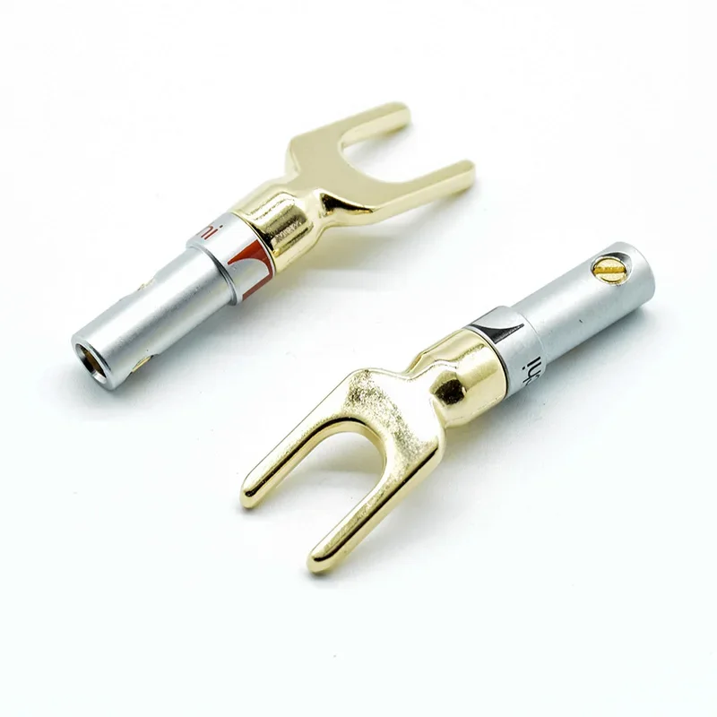 2pcs 1red+1black  Brass Gold plated and Silver Plated Y Spade Speaker Plugs Audio Screw Fork Connector Adapter