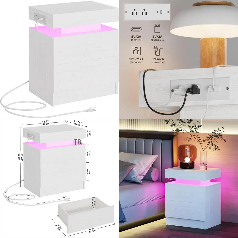 

Современная белая тумбочка со светодиодной подсветкой и зарядной станцией и ящиками, прикроватная тумбочка для спальни, современный торцевой столик с St.