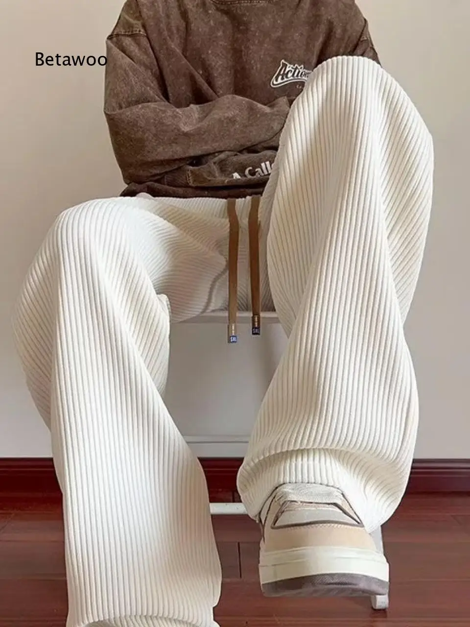 Vertical Texture Wide Leg Trousers For Men Adjustable Drawstring Waist Loose Pants For Multiple Daily Casual Occasions