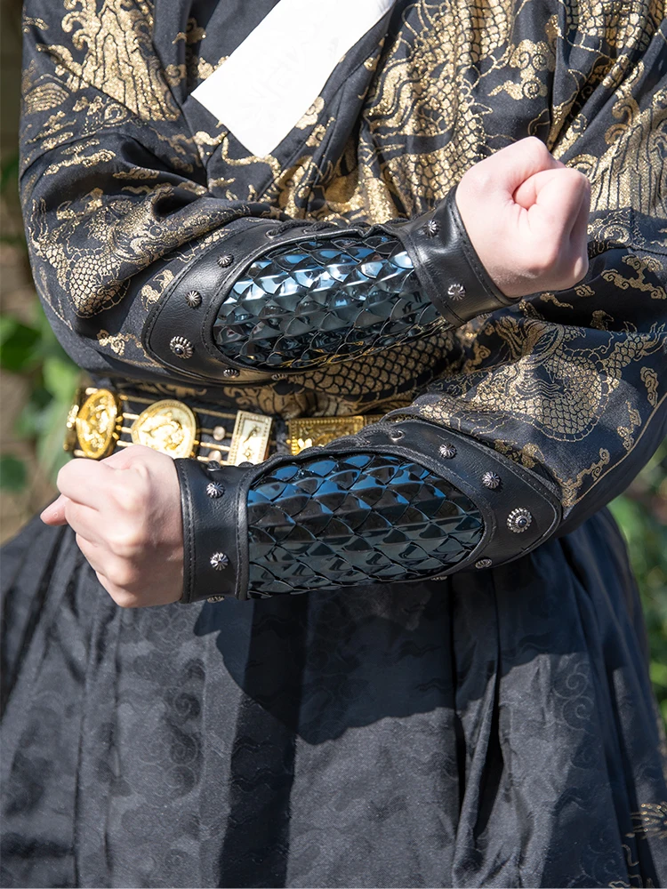 Hanfu protetor de pulso preto dragão escala armadura antigo traje brocado guarda braço