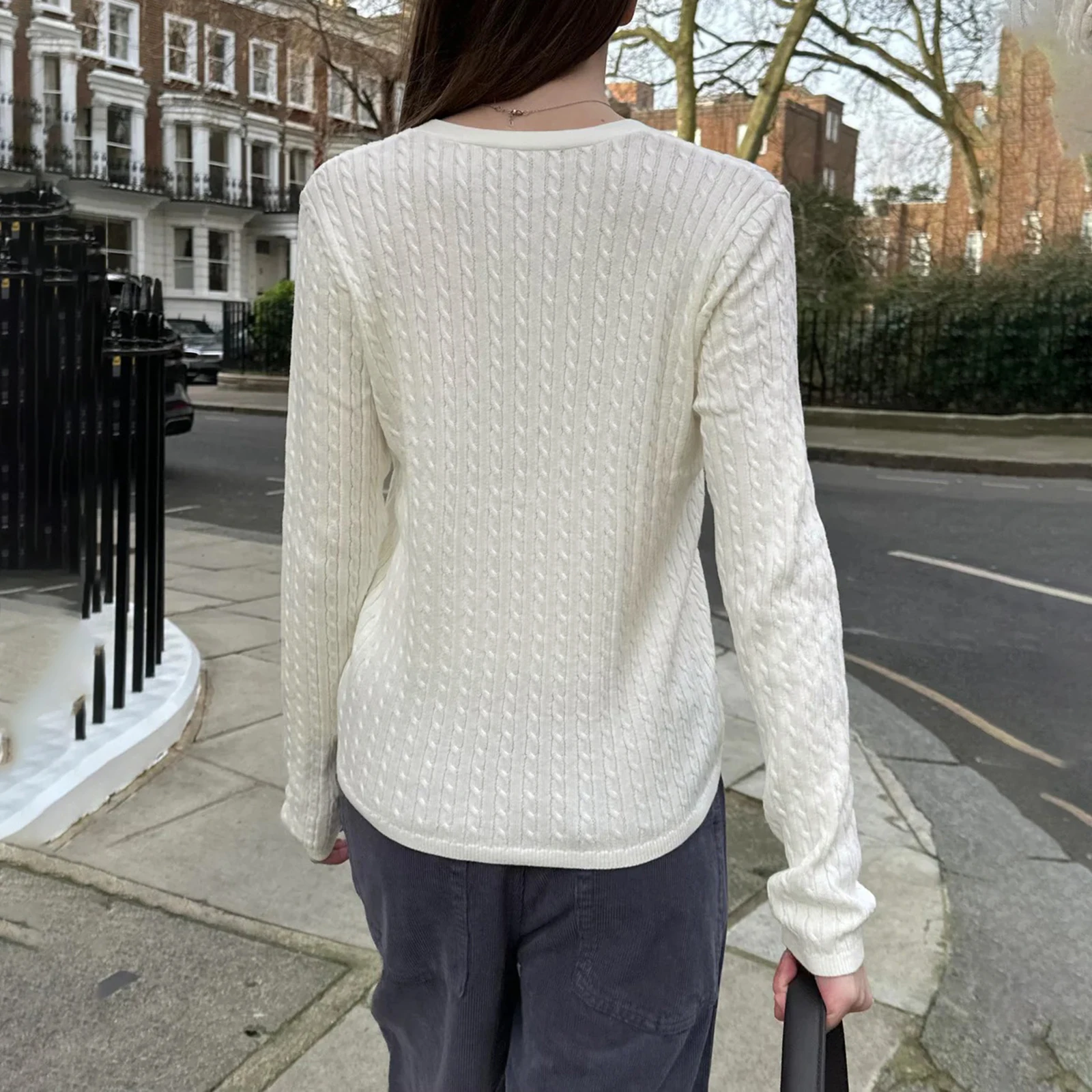 سترة كلاسيكية منسوجة على شكل كابل للنساء، سترة عصرية بلون سادة وأكمام طويلة وأزرار سفلية #6