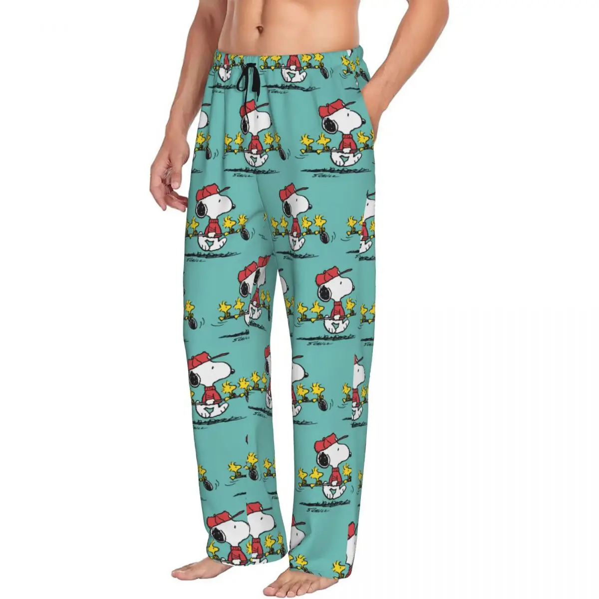 Custom Printed Men\'s Cartoon Manga Snoopy Woodstock Pajama Pants Sleepwear Sleep Lounge Bottoms with Pockets