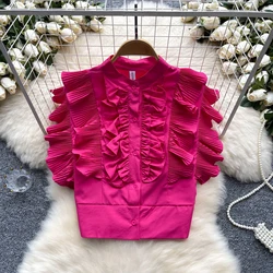 Chic Sweet Ruffle PATCHWORK Single Breasted Blouse Elegant French Fashion Sexy Shirt Spring summer sleeveless Women Top