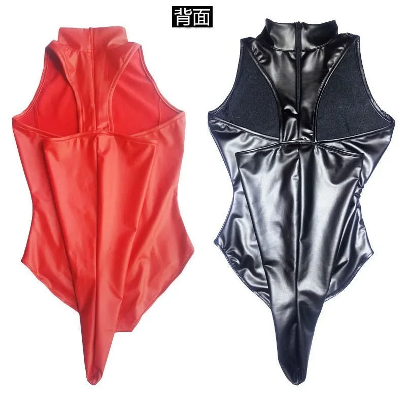 

Faux Latex Catsuit PU Leather Self Bondage Bodysuit Tights Tops Shirt Anime Cosplay Sleeveless Little High Collar Bound Arm Maid