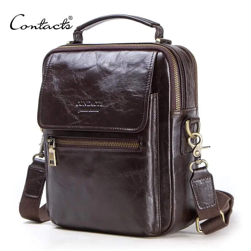 Nuevo bolso bandolera de cuero genuino de CONTACT'S para hombre, bolsos de hombro informales, bolso con solapa para hombre, bolsos cruzados de marca de lujo para Ipad de 9,7"