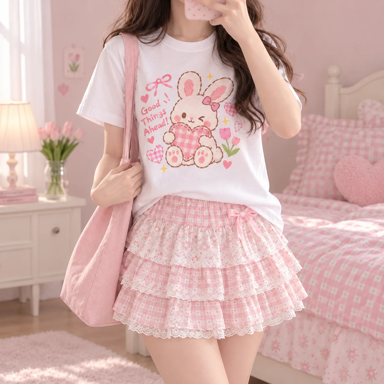 100% Heavyweight Cotton Women T-Shirt Kawaii Cute Bunny Print Good Things Ahead Breathable Casual Streetwear Tee For Ladies