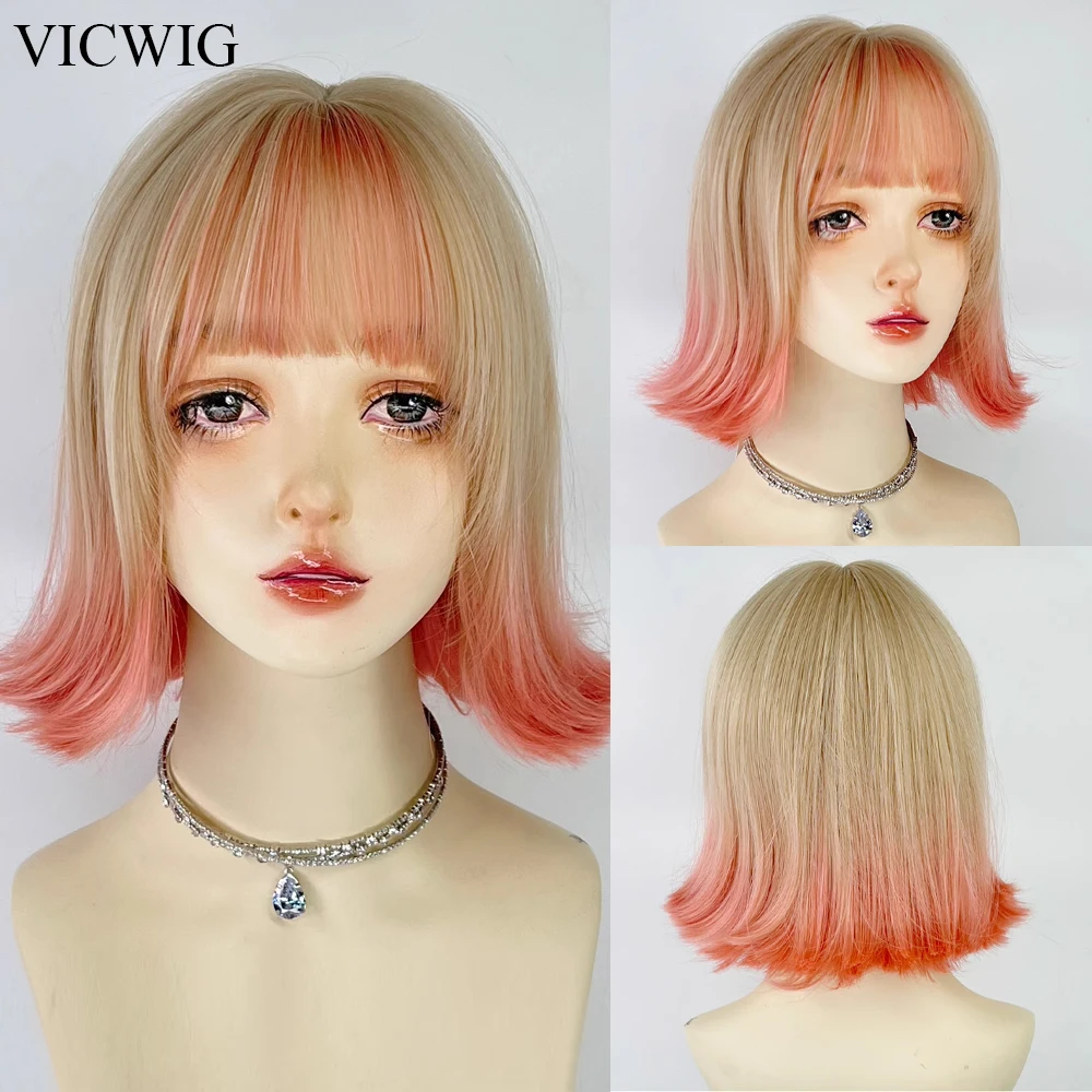 Ombre blond różowy Gradient krótkie proste peruki z grzywką syntetyczne Lolita Cosplay naturalne włosy peruka na codzienną imprezę