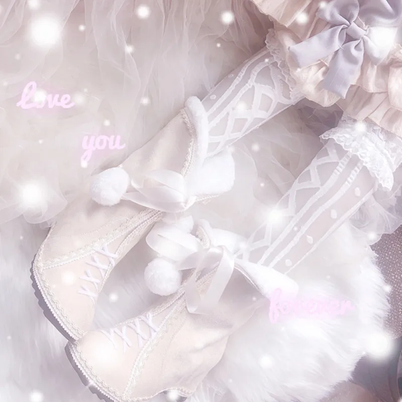 Kawaii Girl Sweet Lolita Shoes Vintage Round Head  Lace-up Booties With Bowknot Sweet Beauty Cute Bowknot Kawaii Snow Boot Loli