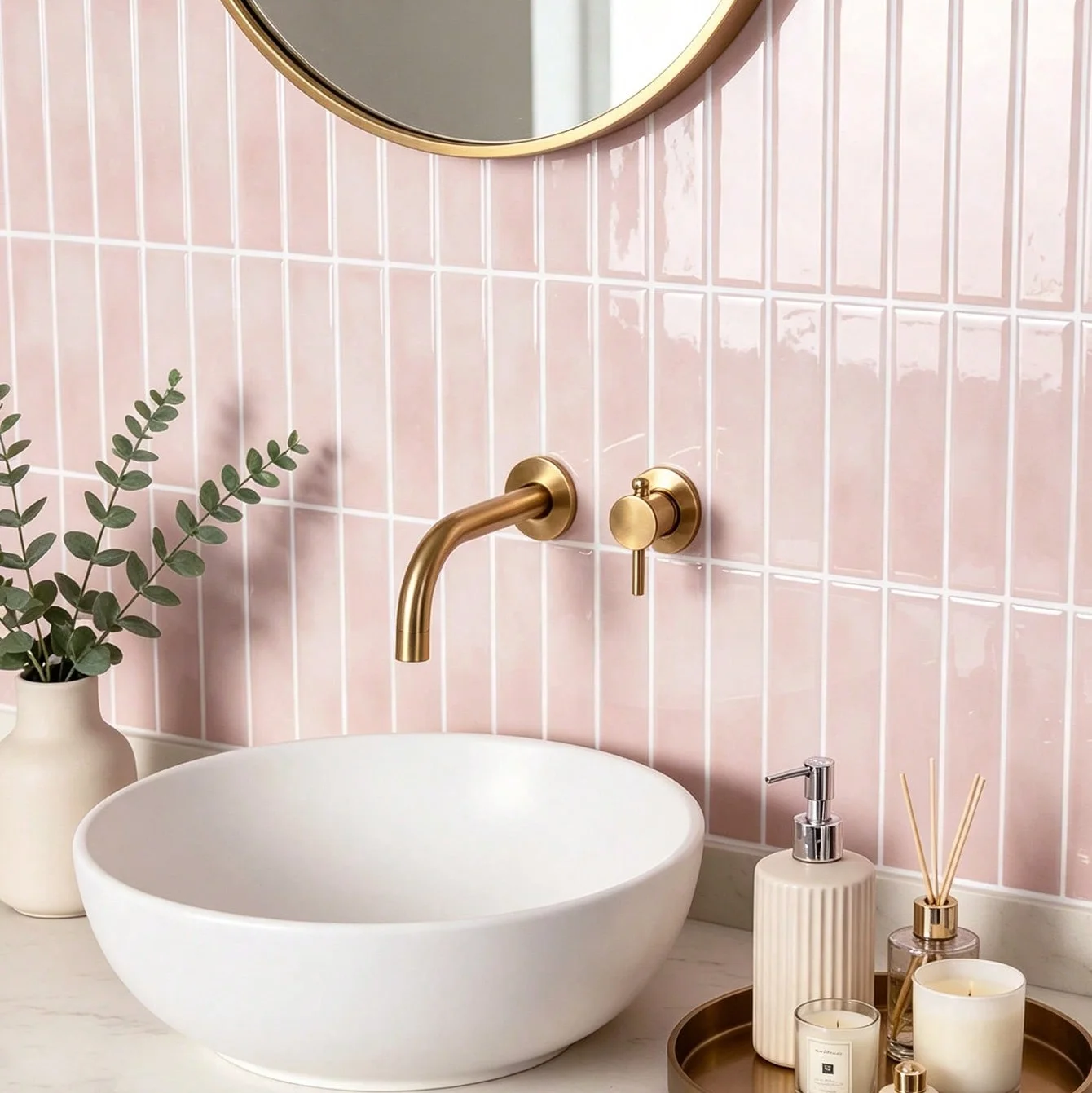 5pcs /10pcs /20pcs Blush Pink Long Strip Subway Peel & Stick Wall Tile, Removable Waterproof Self-Adhesive Backsplash Sticker