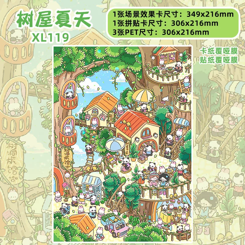 Stiker Miniatur Pemandangan Empat Musim Kota Rumah Pohon Kartun 3D Kawaii Ukuran Besar, Stiker Pemandangan Bertumpuk untuk Scrapbook Buatan Tangan