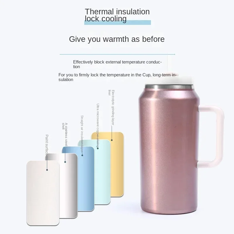 American 304 Stainless Steel Mug Handle 64oz Ice Mug Vacuum Large-capacity Car Mug with Straw  Sublimation Water Bottle