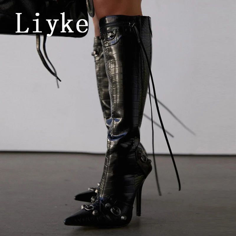 Liyke 2024 New Sexy Pointed Toe Knee High Boots Women Pole Dance Stiletto Heels Pumps Fashion Tassel Zip Rivet Winter Long Shoes