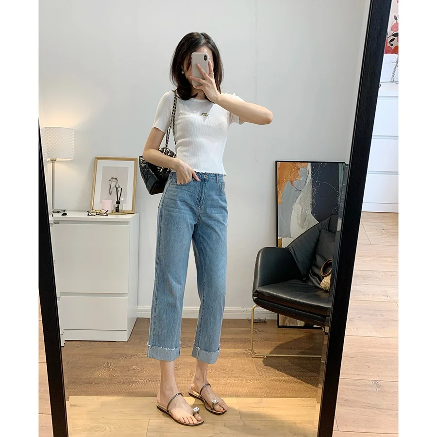 

Comfortable Loose mid High Waist Slim Straight Hem Cuffed Nine Point Denim Jeans Women's Spring Summer Regular Thi...