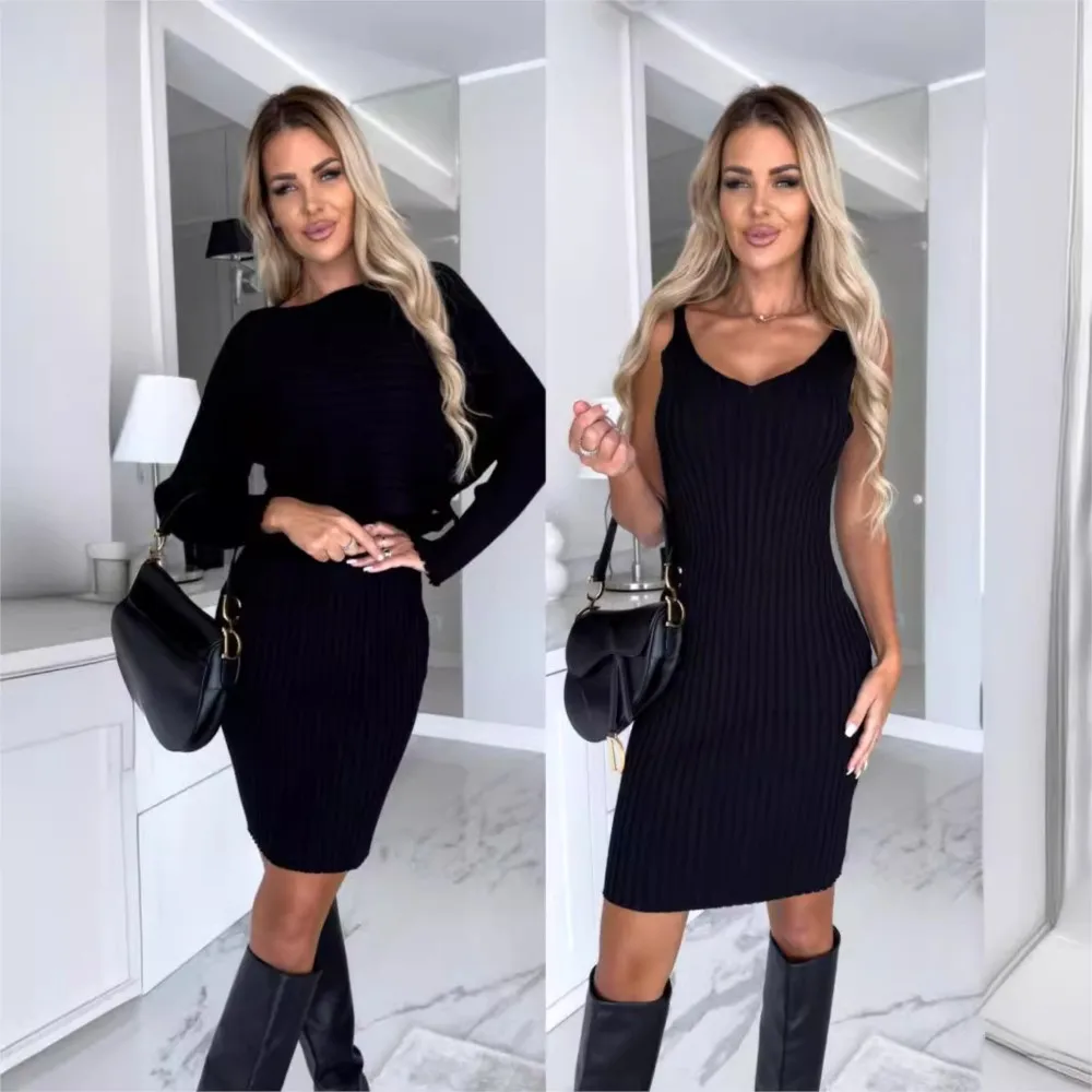 Fashion Long Sleeve Grinding Pit Strip Dress Two Piece Sets for Women 2024 Autumn Winter Outfits Warm Sexy Bodycon Drsses Sets