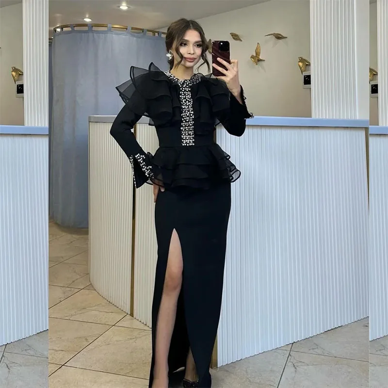 Fashion Black O-Neck Beading Women Formal Evening Dresses Tiered Straight Long Saudi Arabia Prom Gowns for Birthday Party Dress